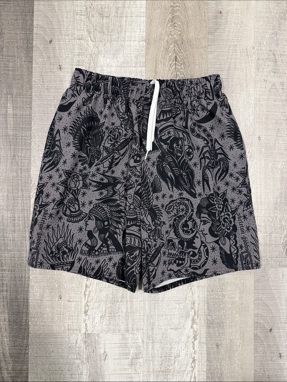 Skeleton Goods Men's Gray Tattoo Print Swim Trunks